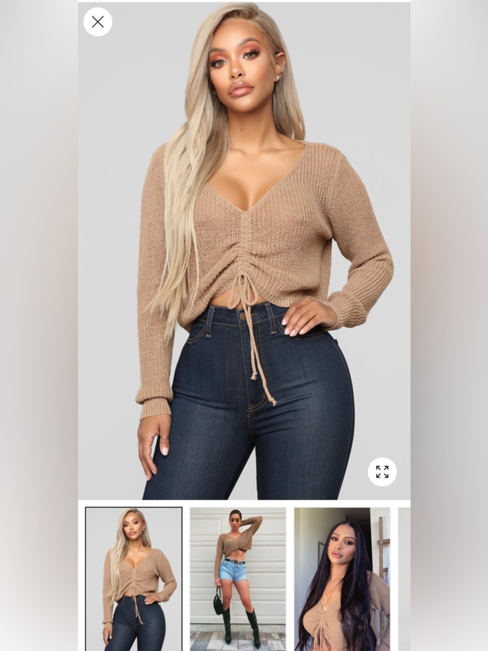 V-Neck Drawstring Knit Sweater - Camel